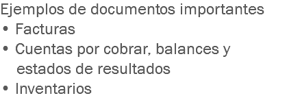 Ejemplos de documentos importantes
• Facturas
• Cuentas por cobrar, balances y estados de resultados
• Inventarios

