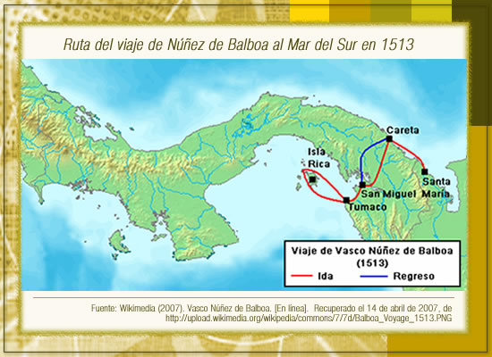 Ruta del viaje de Nez de Balboa al Mar del Sur en 1513