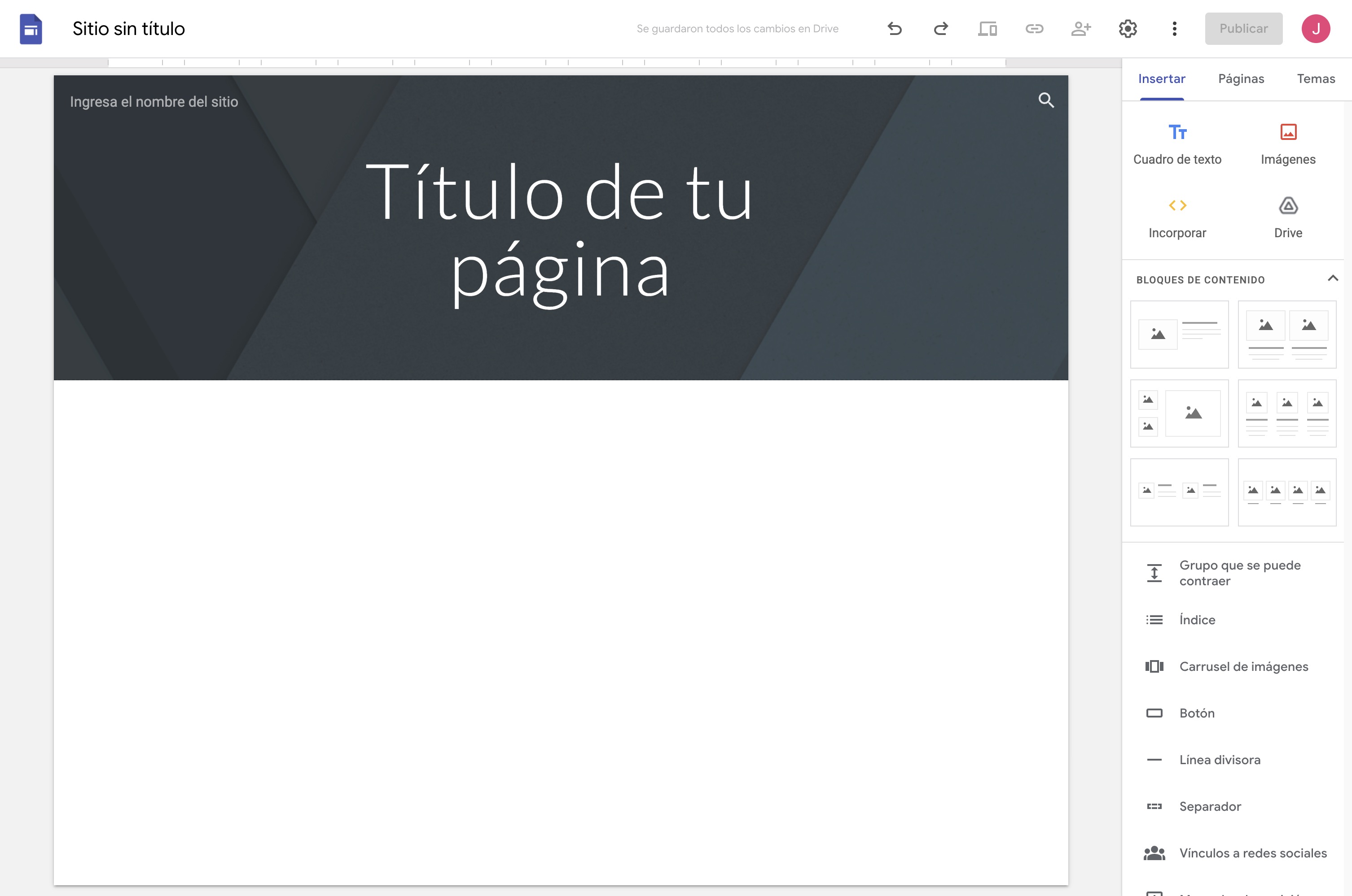 Pantalla principal de Google Sites