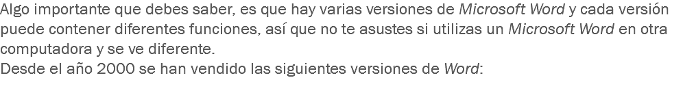 Algo importante que debes saber, es que hay varias versiones de Microsoft Word y cada versión puede contener diferentes funciones, así que no te asustes si utilizas un Microsoft Word en otra computadora y se ve diferente.
Desde el año 2000 se han vendido las siguientes versiones de Word:
