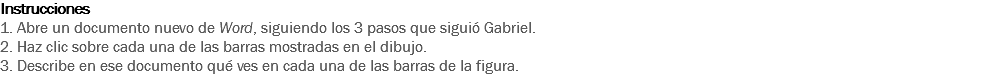 Instrucciones
1. Abre un documento nuevo de Word, siguiendo los 3 pasos que siguió Gabriel.
2. Haz clic sobre cada una de las barras mostradas en el dibujo.
3. Describe en ese documento qué ves en cada una de las barras de la figura.