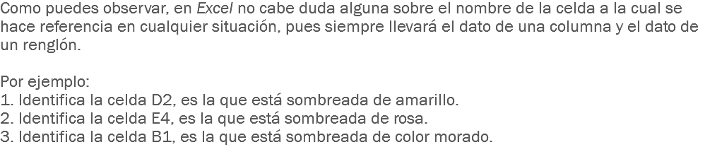 Como puedes observar, en Excel no cabe duda alguna sobre el nombre de la celda a la cual se hace referencia en cualquier situación, pues siempre llevará el dato de una columna y el dato de un renglón. Por ejemplo: 1. Identifica la celda D2, es la que está sombreada de amarillo. 2. Identifica la celda E4, es la que está sombreada de rosa. 3. Identifica la celda B1, es la que está sombreada de color morado.