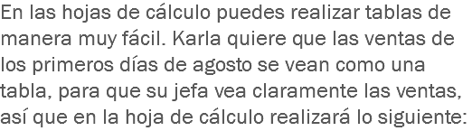 En las hojas de cálculo puedes realizar tablas de manera muy fácil. Karla quiere que las ventas de los primeros días de agosto se vean como una tabla, para que su jefa vea claramente las ventas, así que en la hoja de cálculo realizará lo siguiente: