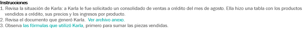 Instrucciones
1. Revisa la situación de Karla: a Karla le fue solicitado un consolidado de ventas a crédito del mes de agosto. Ella hizo una tabla con los productos vendidos a crédito, sus precios y los ingresos por producto. 2. Revisa el documento que generó Karla. Ver archivo anexo. 3. Observa las fórmulas que utilizó Karla, primero para sumar las piezas vendidas. 