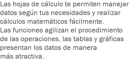 Las hojas de cálculo te permiten manejar datos según tus necesidades y realizar cálculos matemáticos fácilmente. Las funciones agilizan el procedimiento de las operaciones, las tablas y gráficas presentan los datos de manera más atractiva.