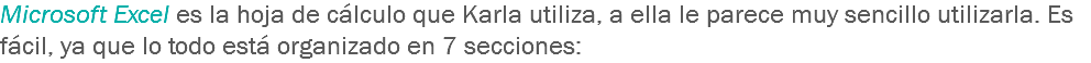 Microsoft Excel es la hoja de cálculo que Karla utiliza, a ella le parece muy sencillo utilizarla. Es fácil, ya que lo todo está organizado en 7 secciones: