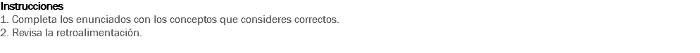 Instrucciones
1. Completa los enunciados con los conceptos que consideres correctos. 2. Revisa la retroalimentación. 