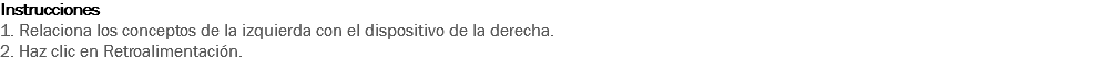 Instrucciones
1. Relaciona los conceptos de la izquierda con el dispositivo de la derecha.
2. Haz clic en Retroalimentación. 