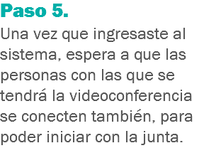 Paso 5. Una vez que ingresaste al sistema, espera a que las personas con las que se tendrá la videoconferencia se conecten también, para poder iniciar con la junta.