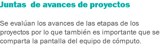 Juntas de avances de proyectos Se evalúan los avances de las etapas de los proyectos por lo que también es importante que se comparta la pantalla del equipo de cómputo.
