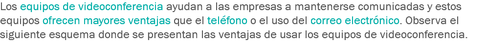 Los equipos de videoconferencia ayudan a las empresas a mantenerse comunicadas y estos equipos ofrecen mayores ventajas que el teléfono o el uso del correo electrónico. Observa el siguiente esquema donde se presentan las ventajas de usar los equipos de videoconferencia.