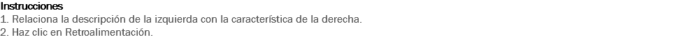 Instrucciones
1. Relaciona la descripción de la izquierda con la característica de la derecha.
2. Haz clic en Retroalimentación. 