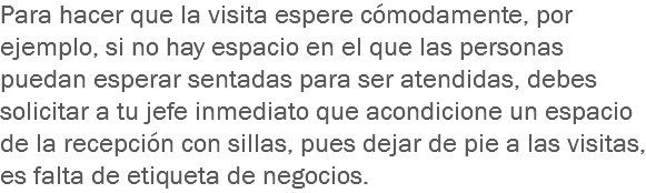 Para hacer que la visita espere cómodamente, por ejemplo, si no hay espacio en el que las personas puedan esperar sentadas para ser atendidas, debes solicitar a tu jefe inmediato que acondicione un espacio de la recepción con sillas, pues dejar de pie a las visitas, es falta de etiqueta de negocios.