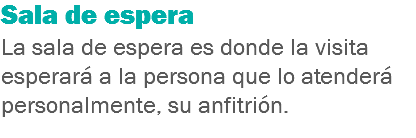 Sala de espera
La sala de espera es donde la visita esperará a la persona que lo atenderá personalmente, su anfitrión.
