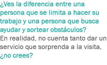 ¿Ves la diferencia entre una persona que se limita a hacer su trabajo y una persona que busca ayudar y sortear obstáculos?
En realidad, no cuenta tanto dar un servicio que sorprenda a la visita, ¿no crees?
