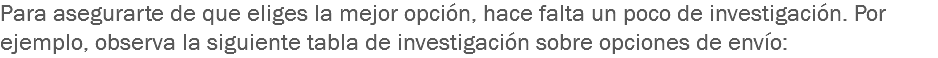 Para asegurarte de que eliges la mejor opción, hace falta un poco de investigación. Por ejemplo, observa la siguiente tabla de investigación sobre opciones de envío: