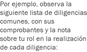 Por ejemplo, observa la siguiente lista de diligencias comunes, con sus comprobantes y la nota sobre tu rol en la realización de cada diligencia: