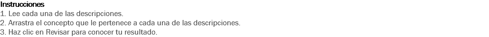 Instrucciones
1. Lee cada una de las descripciones.
2. Arrastra el concepto que le pertenece a cada una de las descripciones.
3. Haz clic en Revisar para conocer tu resultado.