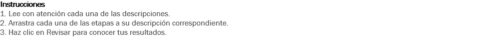 Instrucciones
1. Lee con atención cada una de las descripciones.
2. Arrastra cada una de las etapas a su descripción correspondiente.
3. Haz clic en Revisar para conocer tus resultados. 