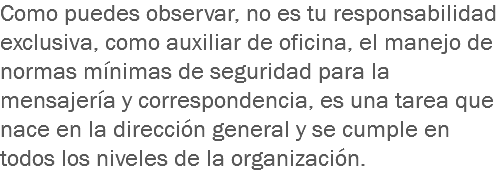 Como puedes observar, no es tu responsabilidad exclusiva, como auxiliar de oficina, el manejo de normas mínimas de seguridad para la mensajería y correspondencia, es una tarea que nace en la dirección general y se cumple en todos los niveles de la organización.