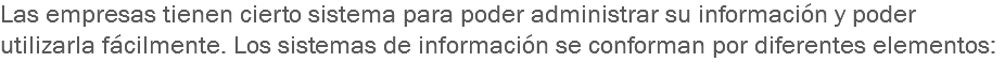 Las empresas tienen cierto sistema para poder administrar su información y poder utilizarla fácilmente. Los sistemas de información se conforman por diferentes elementos: