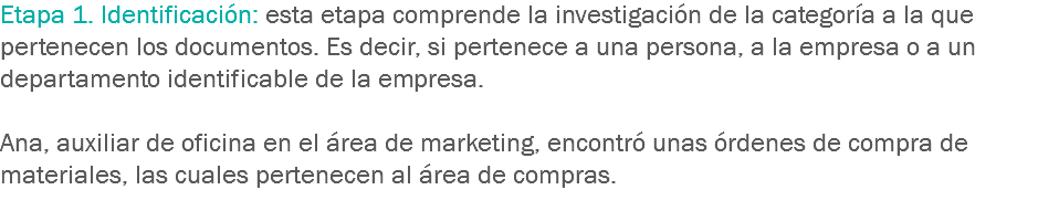 Etapa 1. Identificación: esta etapa comprende la investigación de la categoría a la que pertenecen los documentos. Es decir, si pertenece a una persona, a la empresa o a un departamento identificable de la empresa. Ana, auxiliar de oficina en el área de marketing, encontró unas órdenes de compra de materiales, las cuales pertenecen al área de compras.
