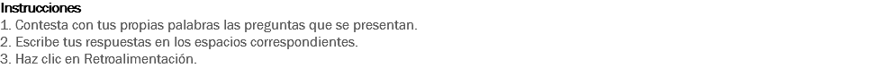 Instrucciones
1. Contesta con tus propias palabras las preguntas que se presentan. 2. Escribe tus respuestas en los espacios correspondientes. 3. Haz clic en Retroalimentación.