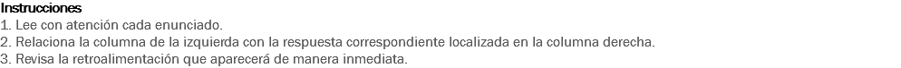 Instrucciones
1. Lee con atención cada enunciado.
2. Relaciona la columna de la izquierda con la respuesta correspondiente localizada en la columna derecha.
3. Revisa la retroalimentación que aparecerá de manera inmediata. 