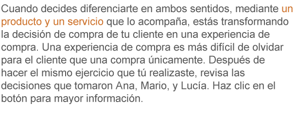 Cuando decides diferenciarte en ambos sentidos, mediante un producto y un servicio que lo acompaña, estás transformando la decisión de compra de tu cliente en una experiencia de compra. Una experiencia de compras es más difícil de olvidar para el cliente que una compra únicamente. Después de hacer el mismo ejercicio que tú realizaste, revisa las decisiones que tomaron Ana, Mario, y Lucía. Haz clic en el botón para mayor información.
