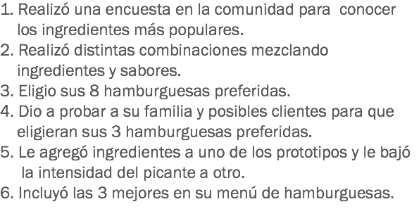 1. Realizó una encuesta en la comunidad para conocer los ingredientes más populares.
2. Realizó distintas combinaciones mezclando ingredientes y sabores.
3. Eligio sus 8 hamburguesas preferidas.
4. Dio a probar a su familia y posibles clientes para que eligieran sus 3 hamburguesas preferidas.
5. Le agregó ingredientes a uno de los prototipos y le bajó la intensidad del picante a otro.
6. Incluyó las 3 mejores en su menú de hamburguesas.
