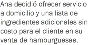 Ana decidió ofrecer servicio a domicilio y una lista de ingredientes adicionales sin costo para el cliente en su venta de hamburguesas.