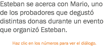 Esteban se acerca con Mario, uno de los probadores que degustó distintas donas durante un evento que organizó Esteban. Haz clic en los números para ver el diálogo. 