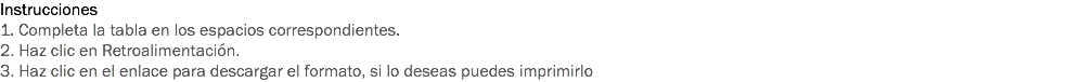 Instrucciones
1. Completa la tabla en los espacios correspondientes. 2. Haz clic en Retroalimentación. 3. Haz clic en el enlace para descargar el formato, si lo deseas puedes imprimirlo