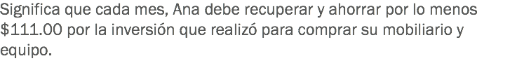 Significa que cada mes, Ana debe recuperar y ahorrar por lo menos $111.00 por la inversión que realizó para comprar su mobiliario y equipo.