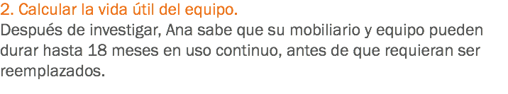 2. Calcular la vida útil del equipo. Después de investigar, Ana sabe que su mobiliario y equipo pueden durar hasta 18 meses en uso continuo, antes de que requieran ser reemplazados.
