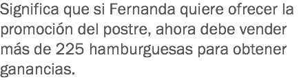 Significa que si Fernanda quiere ofrecer la promoción del postre, ahora debe vender más de 225 hamburguesas para obtener ganancias.