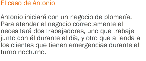 El caso de Antonio Antonio iniciará con un negocio de plomería. Para atender el negocio correctamente el necesitará dos trabajadores, uno que trabaje junto con él durante el día, y otro que atienda a los clientes que tienen emergencias durante el turno nocturno.
