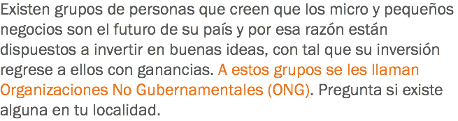 Existen grupos de personas que creen que los micro y pequeños negocios son el futuro de su país y por esa razón están dispuestos a invertir en buenas ideas, con tal que su inversión regrese a ellos con ganancias. A estos grupos se les llaman Organizaciones No Gubernamentales (ONG). Pregunta si existe alguna en tu localidad.