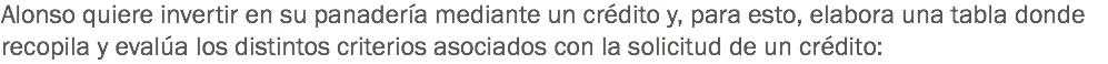 Alonso quiere invertir en su panadería mediante un crédito y, para esto, elabora una tabla donde recopila y evalúa los distintos criterios asociados con la solicitud de un crédito: