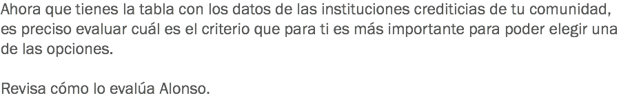 Ahora que tienes la tabla con los datos de las instituciones crediticias de tu comunidad, es preciso evaluar cuál es el criterio que para ti es más importante para poder elegir una de las opciones. Revisa cómo lo evalúa Alonso.
