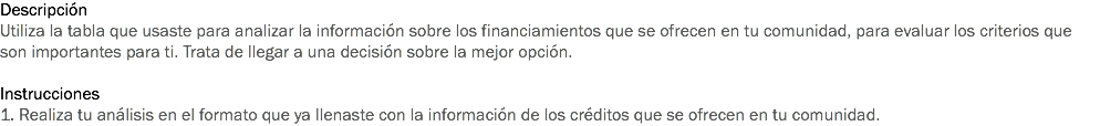 Descripción
Utiliza la tabla que usaste para analizar la información sobre los financiamientos que se ofrecen en tu comunidad, para evaluar los criterios que son importantes para ti. Trata de llegar a una decisión sobre la mejor opción. Instrucciones
1. Realiza tu análisis en el formato que ya llenaste con la información de los créditos que se ofrecen en tu comunidad.