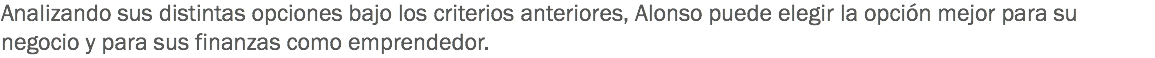 Analizando sus distintas opciones bajo los criterios anteriores, Alonso puede elegir la opción mejor para su negocio y para sus finanzas como emprendedor.