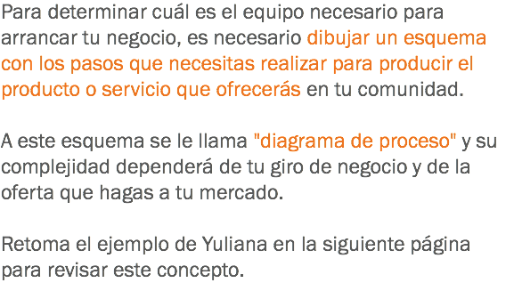 Para determinar cuál es el equipo necesario para arrancar tu negocio, es necesario dibujar un esquema con los pasos que necesitas realizar para producir el producto o servicio que ofrecerás en tu comunidad. A este esquema se le llama "diagrama de proceso" y su complejidad dependerá de tu giro de negocio y de la oferta que hagas a tu mercado. Retoma el ejemplo de Yuliana en la siguiente página para revisar este concepto. 