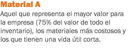 Material A
Aquel que representa el mayor valor para la empresa (75% del valor de todo el inventario), los materiales más costosos y los que tienen una vida útil corta.
