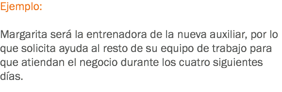 Ejemplo: Margarita será la entrenadora de la nueva auxiliar, por lo que solicita ayuda al resto de su equipo de trabajo para que atiendan el negocio durante los cuatro siguientes días.
