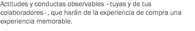 Actitudes y conductas observables –tuyas y de tus colaboradores–, que harán de la experiencia de compra una experiencia memorable.
