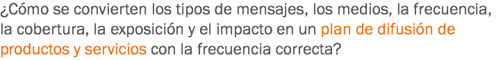 ¿Cómo se convierten los tipos de mensajes, los medios, la frecuencia, la cobertura, la exposición y el impacto en un plan de difusión de productos y servicios con la frecuencia correcta?