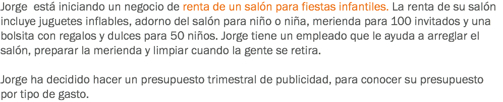 Jorge está iniciando un negocio de renta de un salón para fiestas infantiles. La renta de su salón incluye juguetes inflables, adorno del salón para niño o niña, merienda para 100 invitados y una bolsita con regalos y dulces para 50 niños. Jorge tiene un empleado que le ayuda a arreglar el salón, preparar la merienda y limpiar cuando la gente se retira. Jorge ha decidido hacer un presupuesto trimestral de publicidad, para conocer su presupuesto por tipo de gasto.