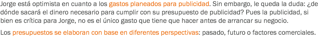 Jorge está optimista en cuanto a los gastos planeados para publicidad. Sin embargo, le queda la duda: ¿de dónde sacará el dinero necesario para cumplir con su presupuesto de publicidad? Pues la publicidad, si bien es crítica para Jorge, no es el único gasto que tiene que hacer antes de arrancar su negocio. Los presupuestos se elaboran con base en diferentes perspectivas: pasado, futuro o factores comerciales.
