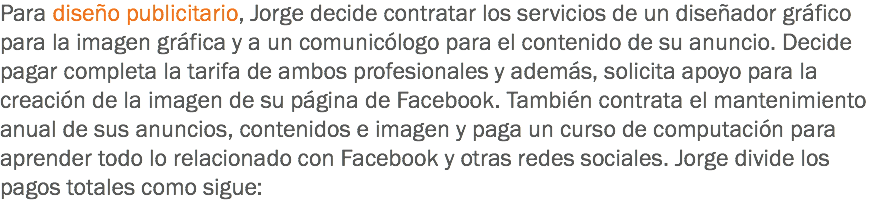 Para diseño publicitario, Jorge decide contratar los servicios de un diseñador gráfico para la imagen gráfica y a un comunicólogo para el contenido de su anuncio. Decide pagar completa la tarifa de ambos profesionales y además, solicita apoyo para la creación de la imagen de su página de Facebook. También contrata el mantenimiento anual de sus anuncios, contenidos e imagen y paga un curso de computación para aprender todo lo relacionado con Facebook y otras redes sociales. Jorge divide los pagos totales como sigue: